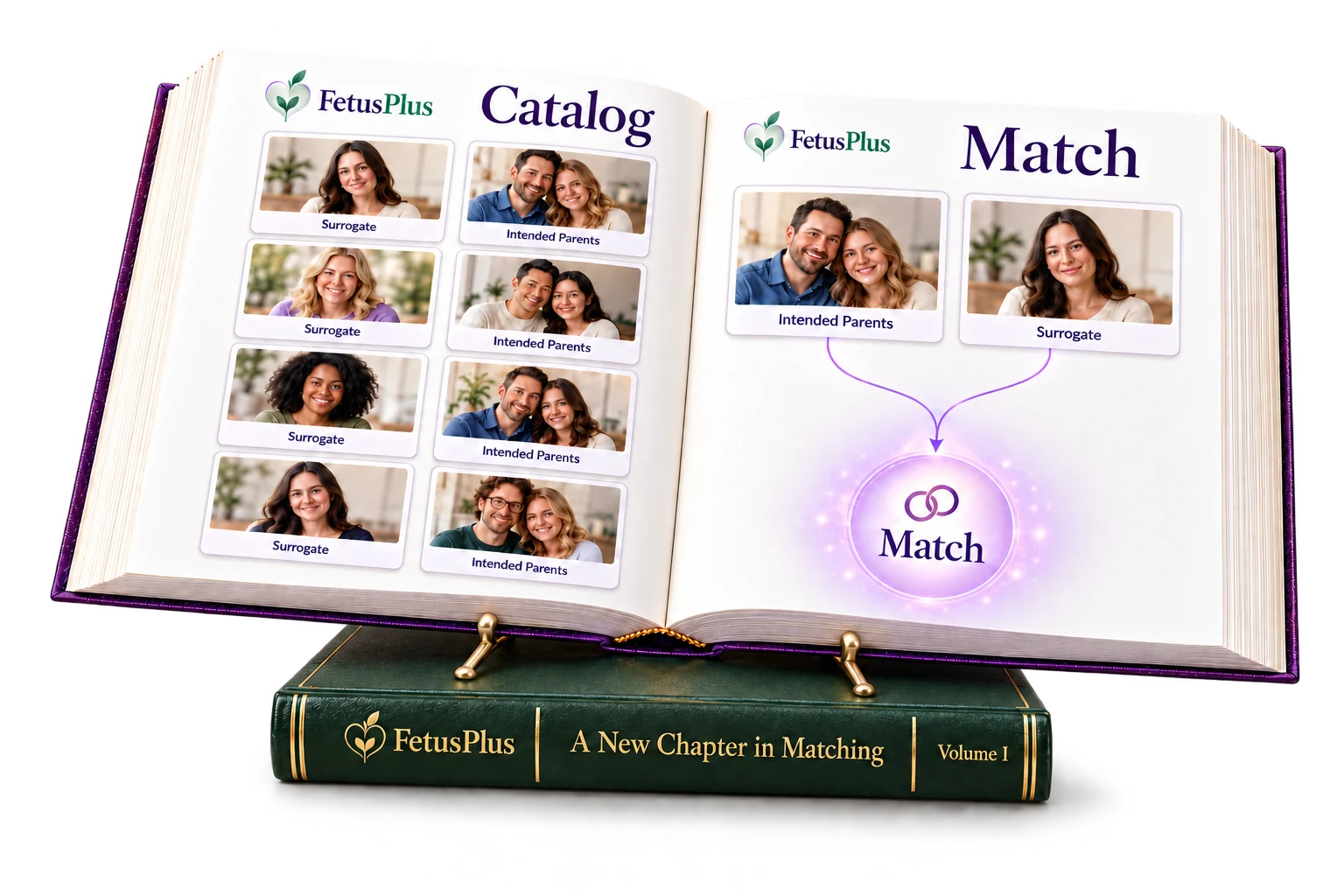 An open FetusPlus book: a catalog of intended parents and surrogates on the left, and a match illustration on the right.